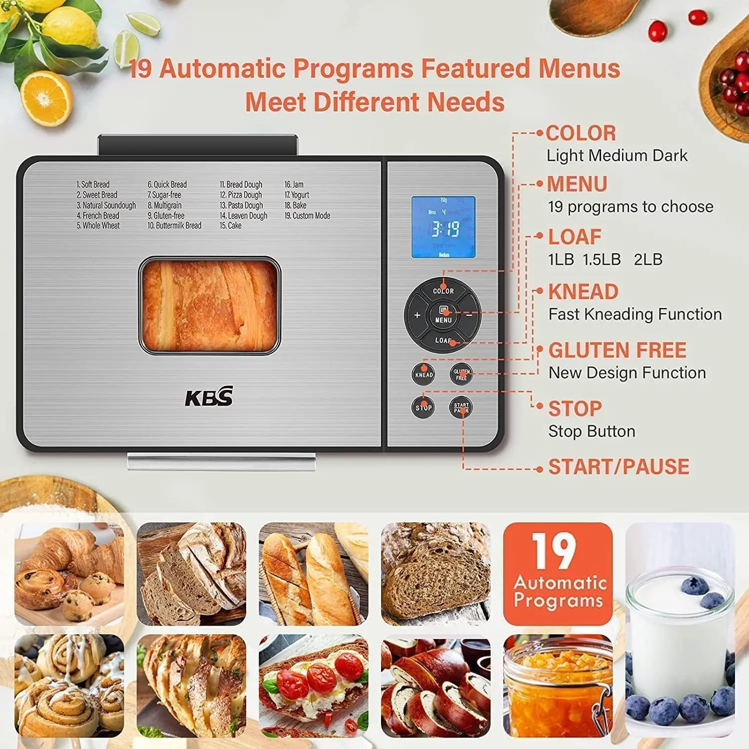 Bread Maker, 19-in-1 Automatic Bread Machine Stainless Steel with Ceramic Pan,15H Timer&1H Keep Warm, Sourdough,