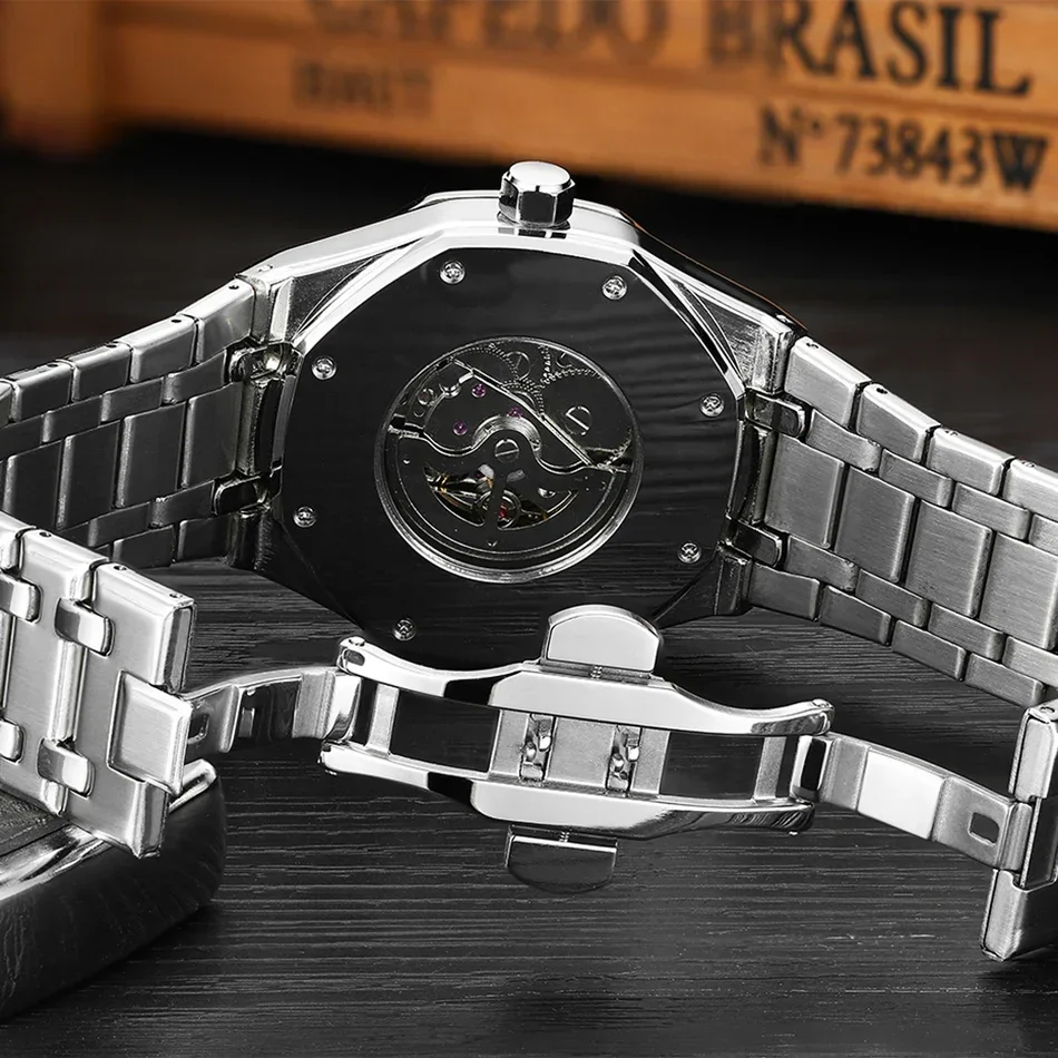 ساعات أوتوماتيكية للرجال حركة ميكانيكية ذاتية الرياح من الفولاذ المقاوم للصدأ للأعمال باللون الأزرق والوردي والأصفر والذهبي