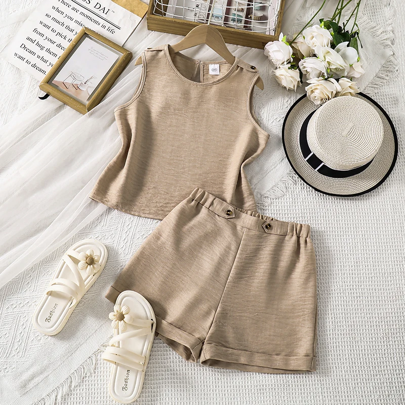 

Летний повседневный комплект цвета хаки для девочек 8-12 лет, топ без рукавов и шорты с манжетами и пуговицами, повседневная детская одежда