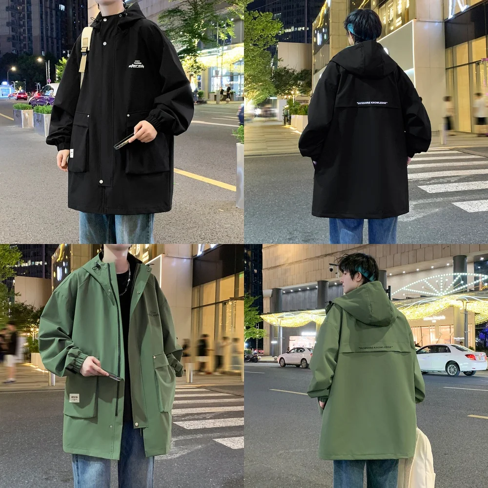 

Windbreaker Jacket Men's Casual Hooded Trench Coat Loose Mid Length Stylish Jacket for Young Men