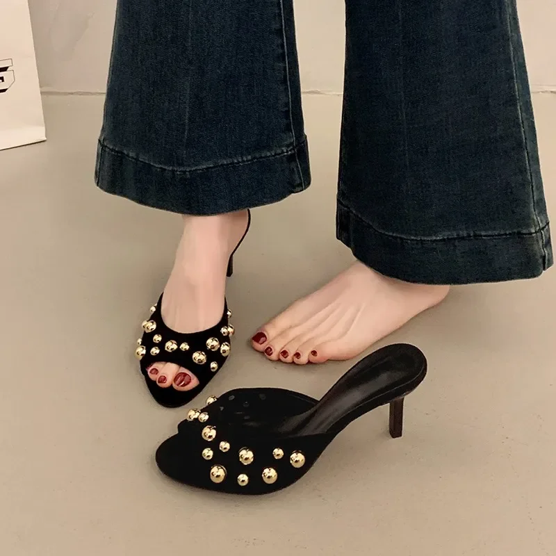 Novelty Thin Heels Peep Toes Sandalias De Mujer Crystal Square Toes Slip On Woman Slippers Solid Patent Leather Zapatos Mujer 42 image 5