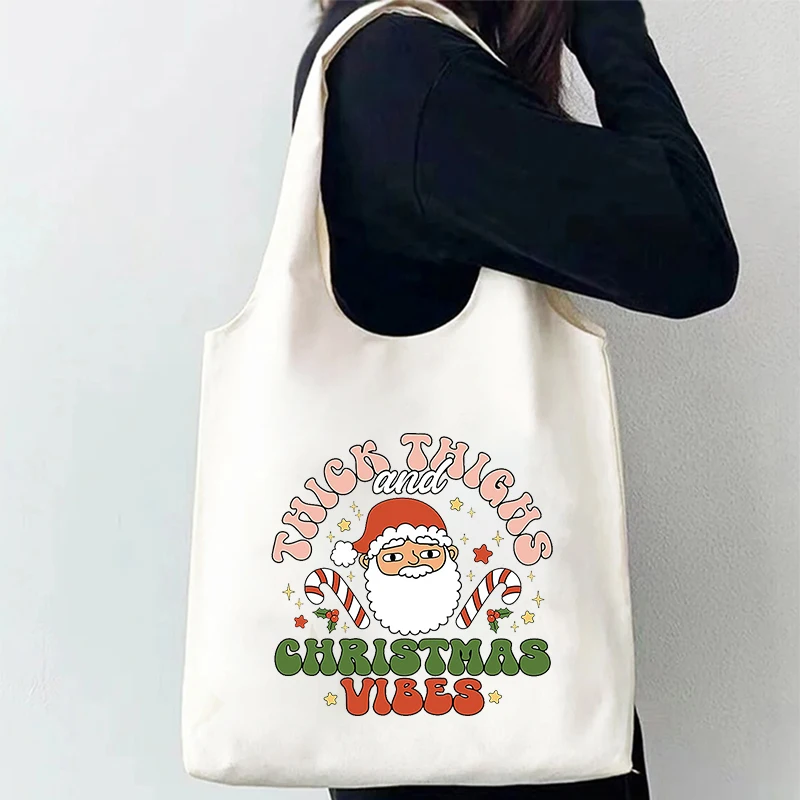 Santa Joy Christmas Canvas Shoulder Bag Large Capacity Travel Tote Bag Multipurpose Handbag Eco-friendly Shopping Bags Xmas Gift