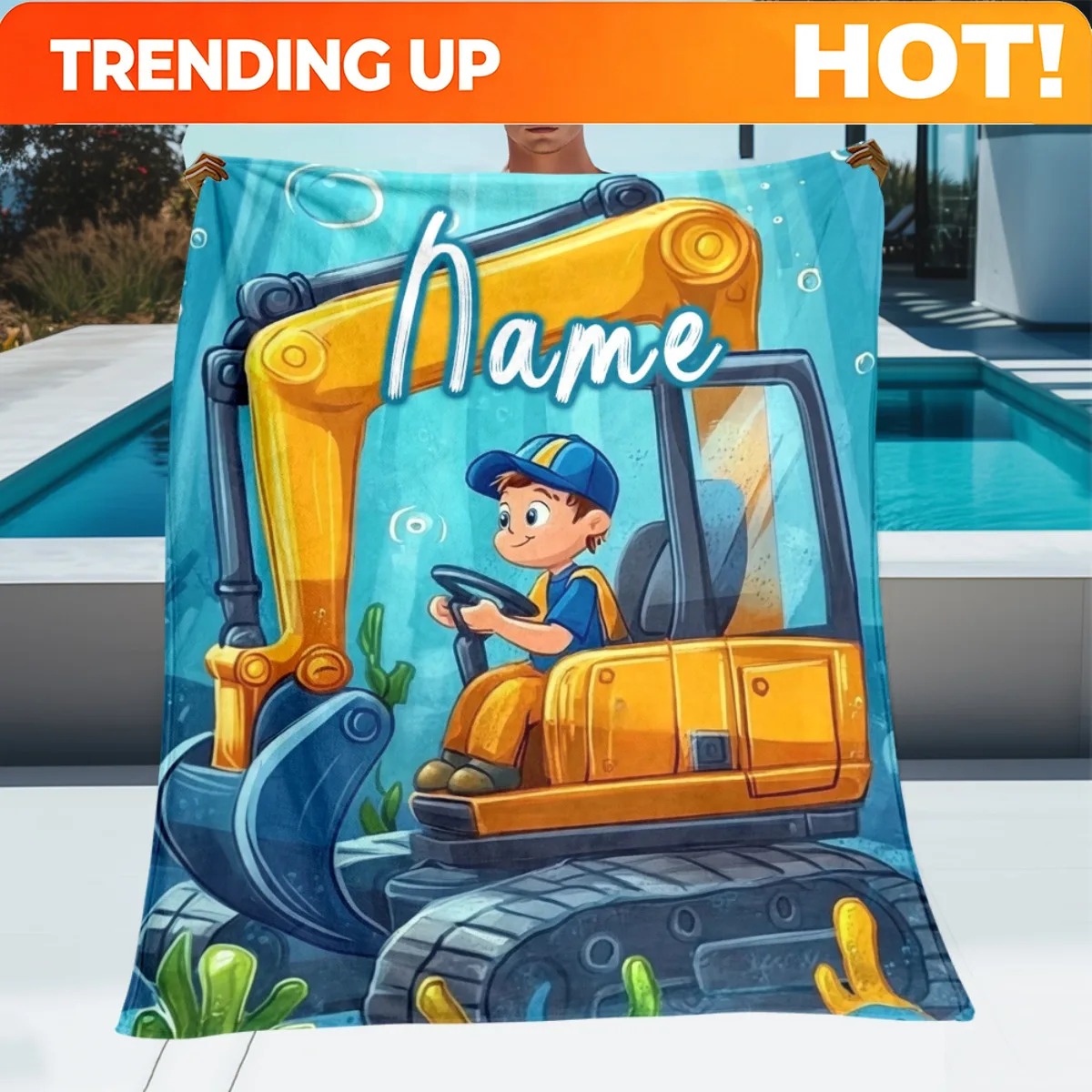Customize 1pc Personalized Name Excavator Travel Blanket - Lightweight Flannel Throw for Sofa, Bed, Camping, Living Room, Office