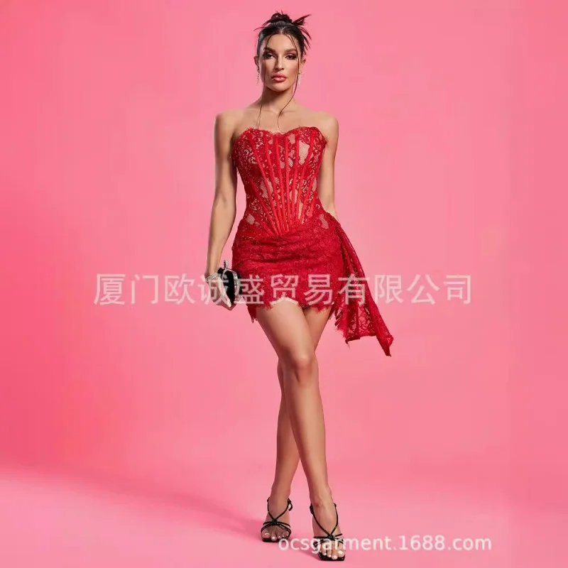 European and American Spring New Women's Lace Design Tube Top Backless Lace Ribbon Elegant Dress