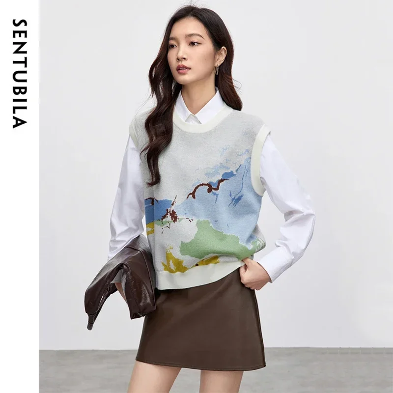 

SENTUBILA Wool Blend Sweater Vest for Women 2025 Spring Fashion Commute Art Jacquard Sleeveless Crew Neck Knitwear W51J58916