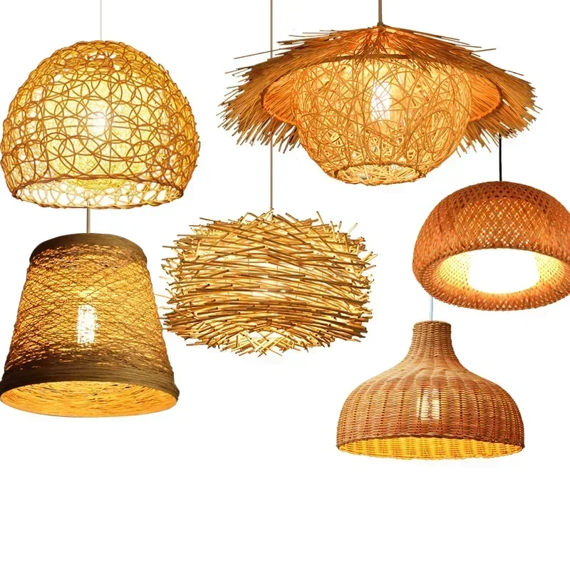LED Rattan Chandelier Round Bird's Nest House Straw Hat Bamboo Lamp Pastoral Vintage Restaurant Chandelie Light
