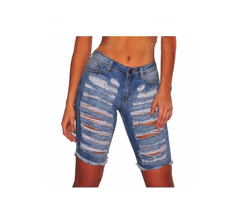 Jeans azul casual feminino, buracos quebrados, nova moda, primavera e verão, 2023