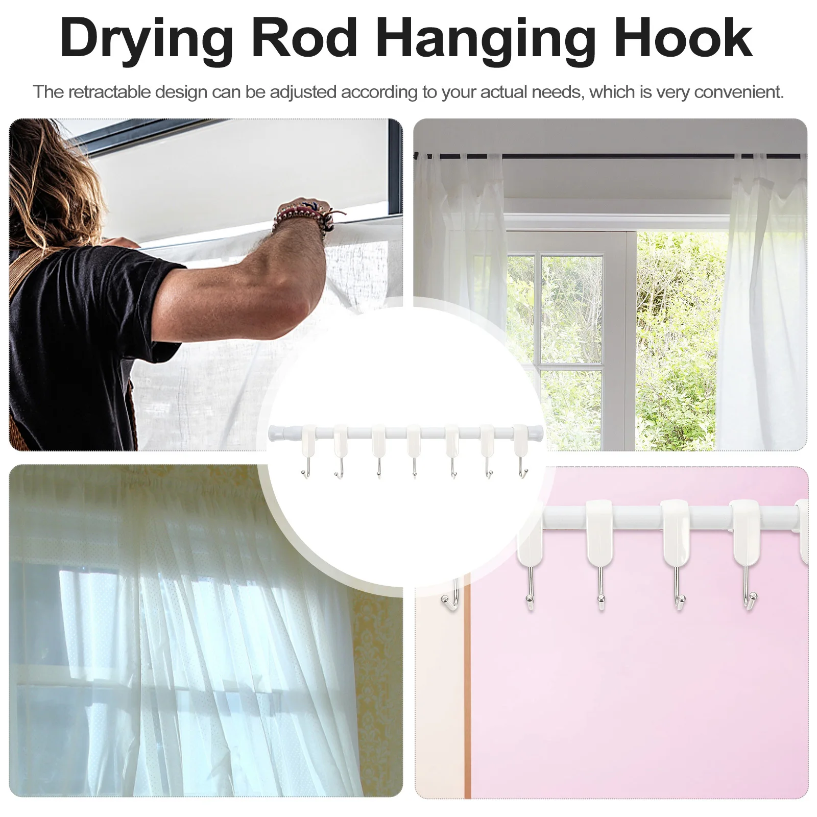 

Retractable Curtain Rod Punch-Free Closet Rod Clothes Rail PP Material Adjustable No Wall Damage Clothes Rail