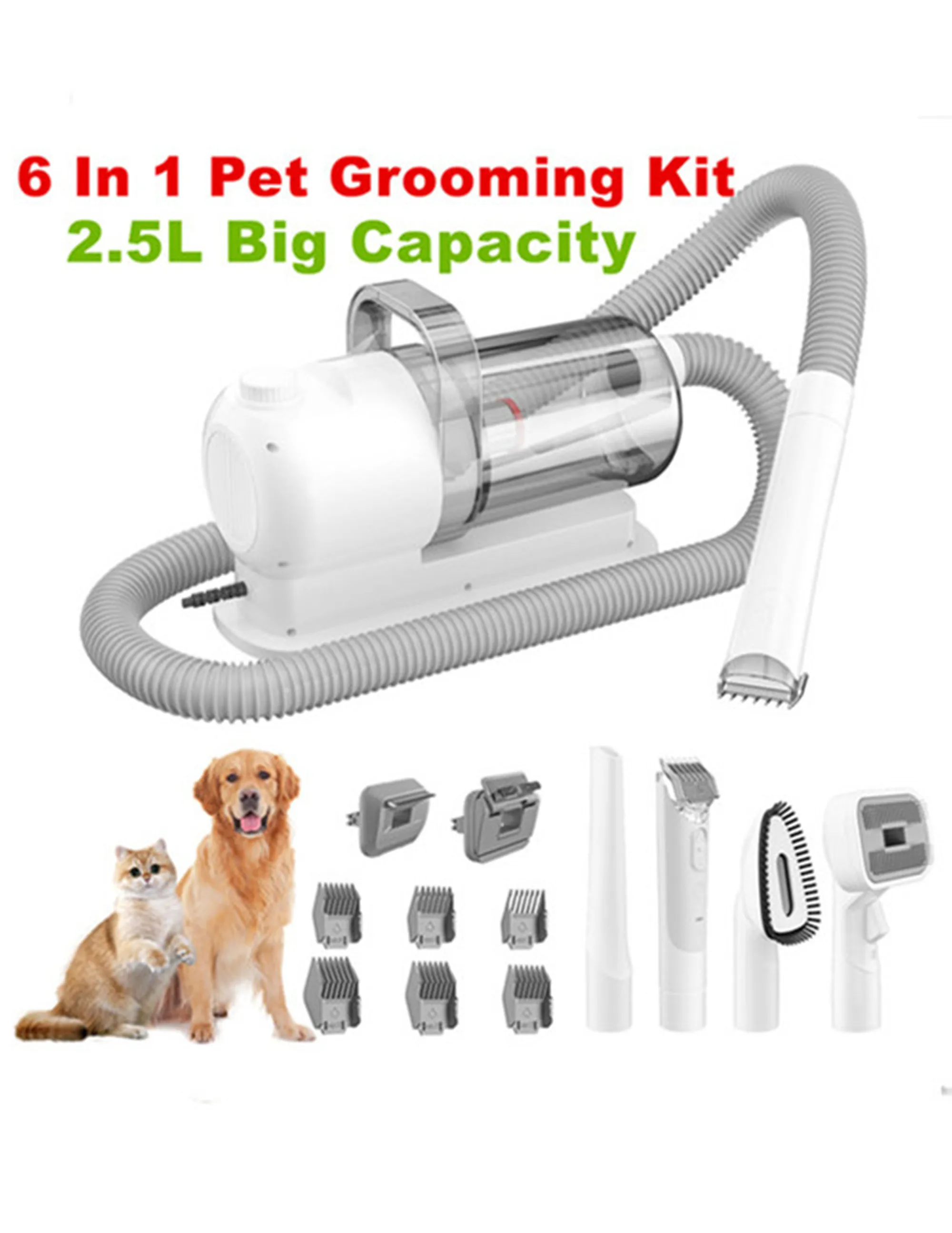 6 In 1 Pet Grooming Vacuum Kit Dog Grooming Clippers Pet Hair Remover With Power 2.5L Large Suction & Low Noise Pet Hair Kits