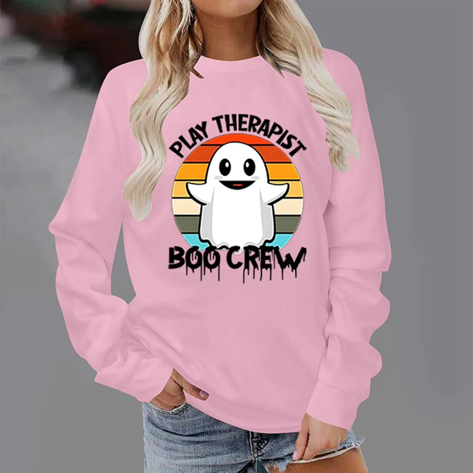 

Autumn Winter Women's Halloween Fashion Specterprint Long Sleeve Crew Neck Hoodie Loose Casual Women's Oversized Streetwear