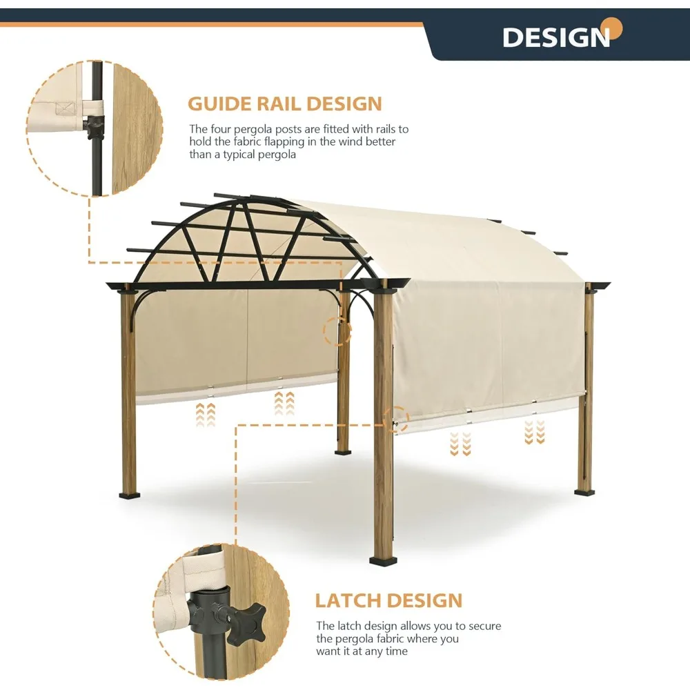 

Arched Top Wood-Like Aluminum Pergola with Retractable Sling Canopy for Outdoor Patio and Backyard Shade