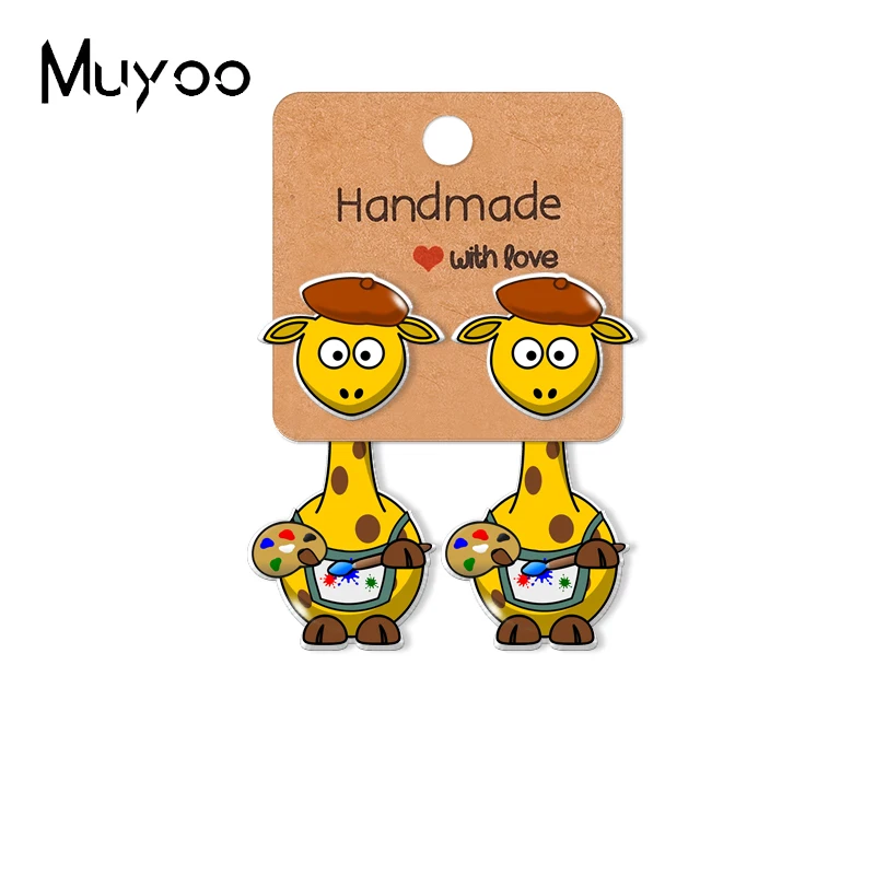 2021 New Funny Cute Giraffe Painter Mechanic Occupation Cosplay Epoxys Acrylic Earrings Handcraft Stud Earrings