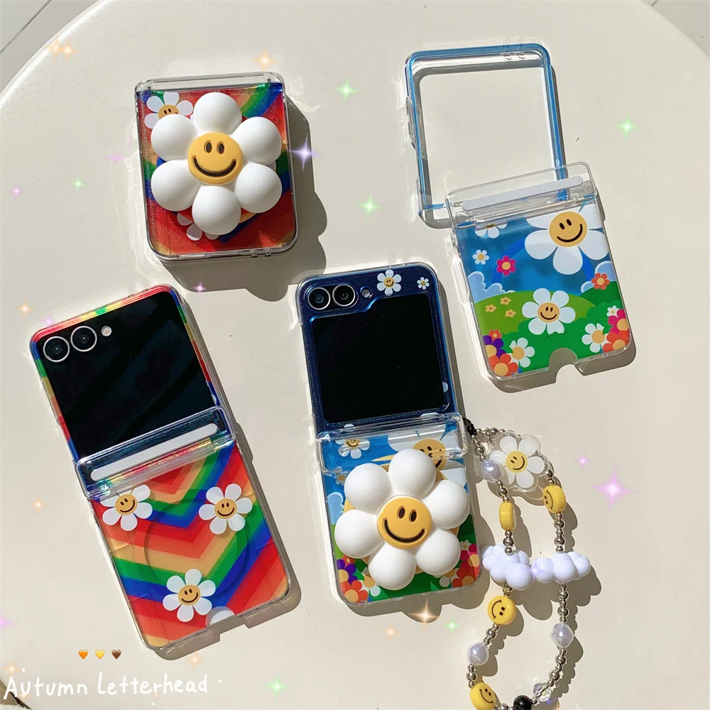 

INS colorful stripes cute flowers magnetic holder phone case for Samsung Galaxy ZFlip7 ZFlip6 flip5 4 3 cover with card slot Cap