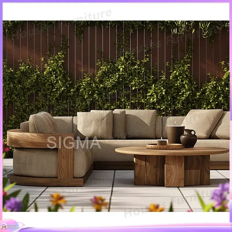 Luxury Mediterranean Teak Sofa Set Outdoor Garden Furniture Modern Waterproof Fast Drying Cushion Durable Patio Sectional