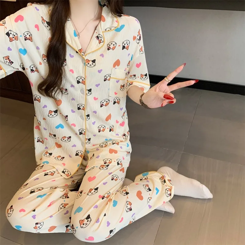 2PCS Women's Pajamas Korean Style Casual Cartoon Pajamas Set for Women Sweet Cute Love Cat Print Outside Summer 2026 Homewear
