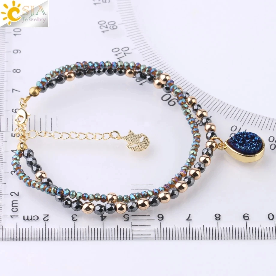 CSJA Natural Stone  Hematite Bracelets Geode Druzy Crystal Bracelet Summer Statement 2 Strand Beads Women Pulsera Jewelry S235