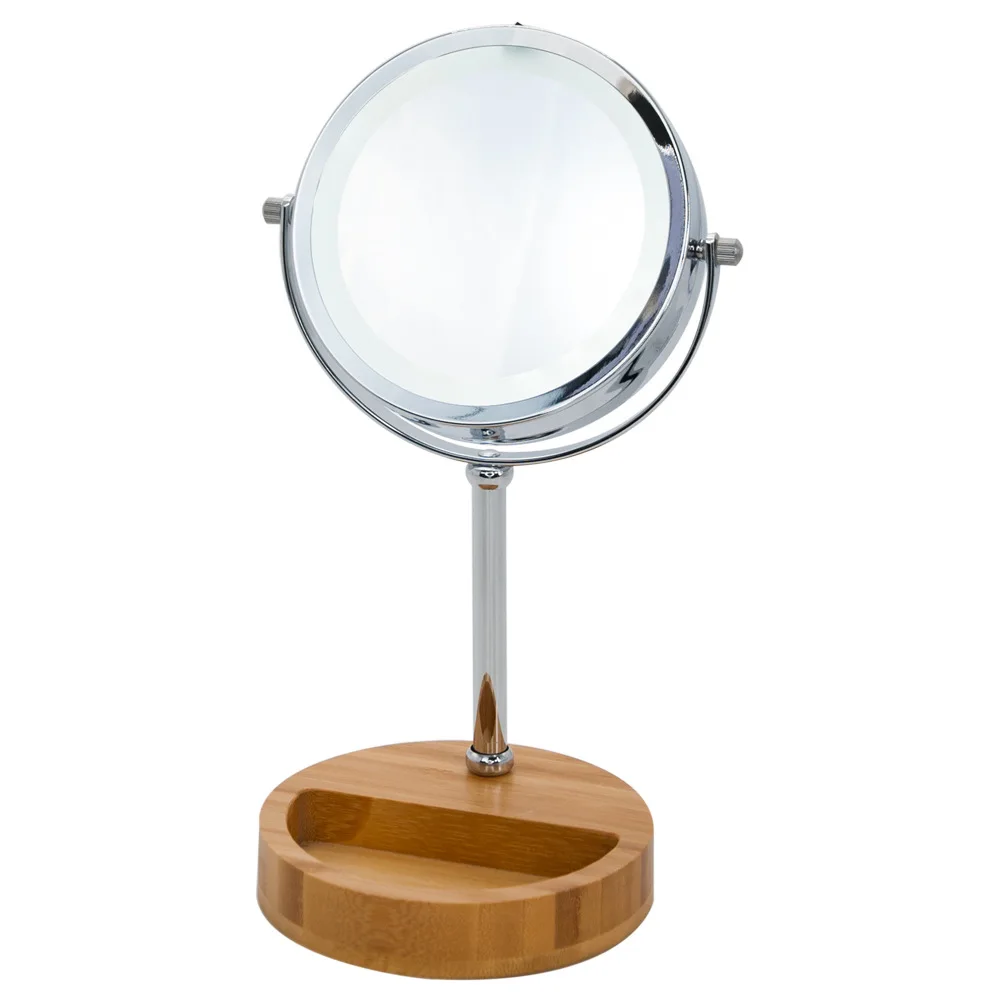 Hxl bamboo wood base hd double-sided desktop makeup mirror with stainless steel magnifying glass