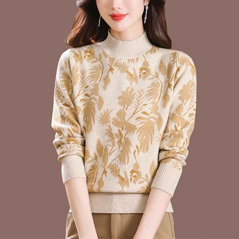 Autumn Fashionable and Fashionable High End Half High Neck Jacquard Loose and Versatile Casual Reducing Age Mother's Sweater