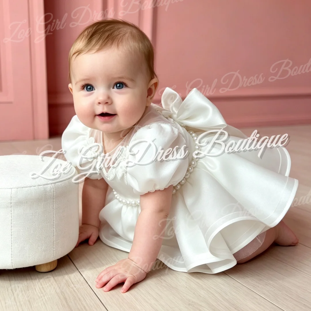 White Puff Sleeve Flower Girl Dress 3D Floral Pearl Sash Back Bow Gown Infant Baptism Wedding Baby Birthday Party Customized Gow