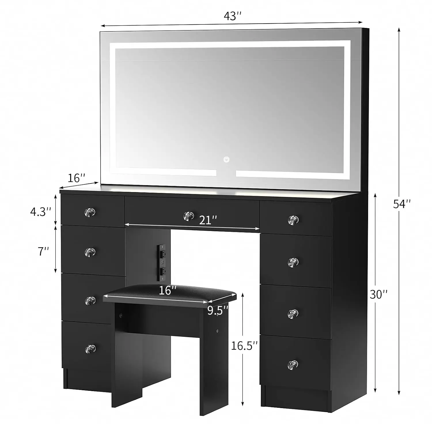 Vanity Desk Lighted Mirror 9 Drawers Power Outlet Bedroom Dressing Table, Customized