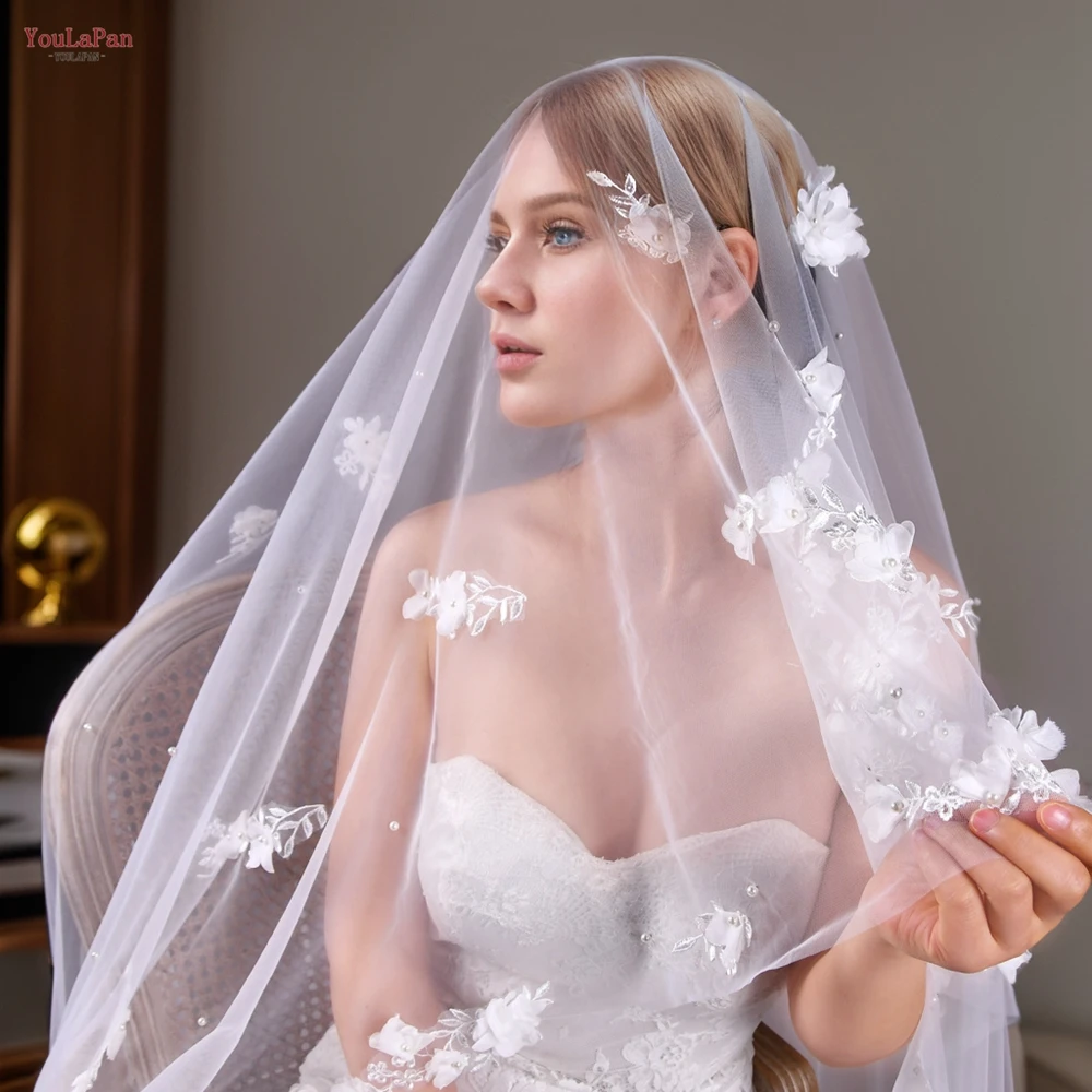 YouLaPan Elegant Wedding Veils Floral Cathedral Veil 3D Flowers Bridal Veil Droped Style Pearl Beaded NO Comb V52 Accessories