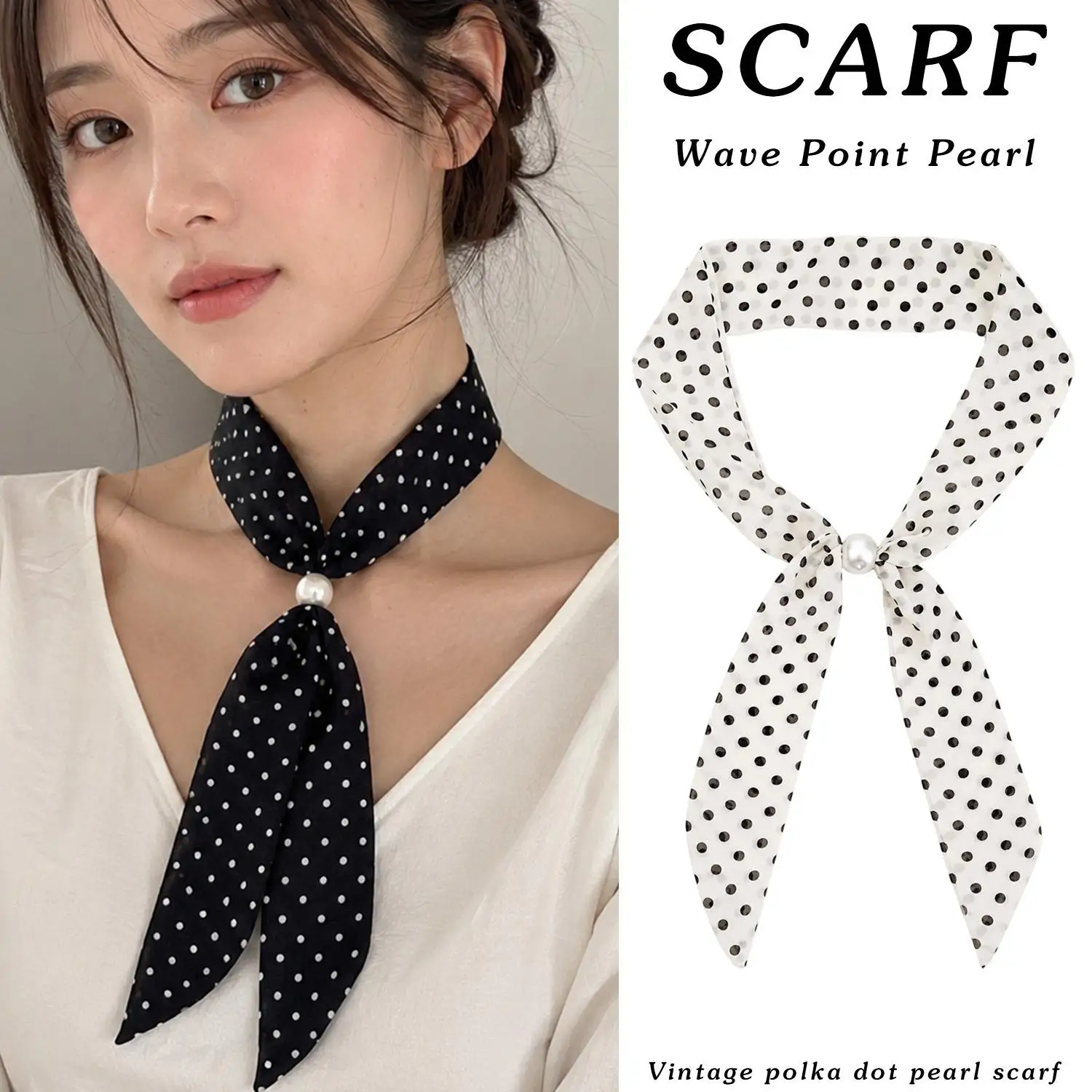 Pearl Buckle Polka Dot Scarf Women Decorative Satin Skinny Travel Neck Scarf Pre-tied Choker Neck Band Daily Outfit Silk Scarf