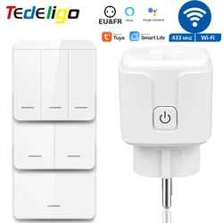 Tomada de Controle Remoto Inteligente Sem Fio Tuya, Tomada, Controle de Voz EU, Alexa, Google Home, WiFi, Plugue RF 433MHz, 220V, 3000W