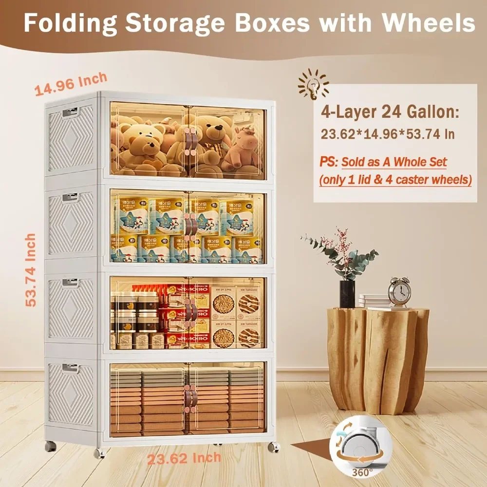 4-Layer Folding Storage Box with Doors, 24 Gallon Collapsible Storage Bins with Wheels, Stackable Cabinet Storage Containers