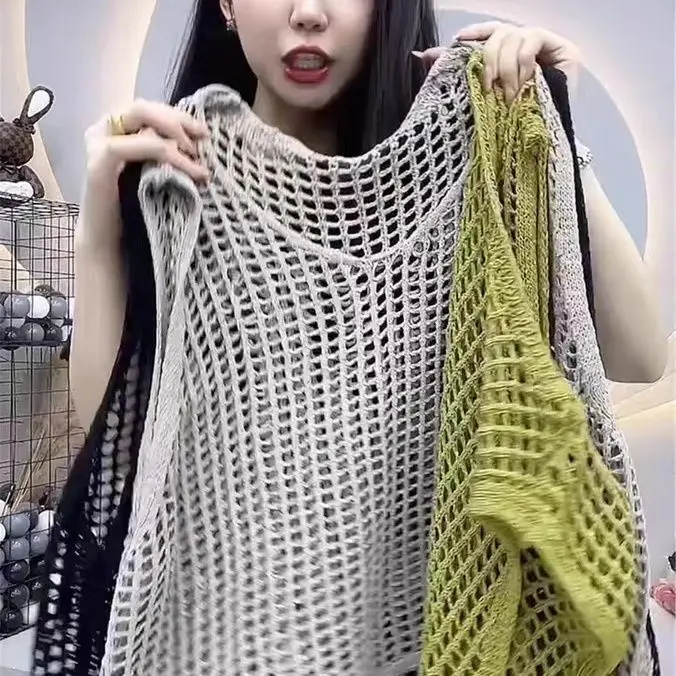 Ladies Hollow out Vest Top Loose Korean Sle Me Layering Lazy Sle Spring Summer New Arrival ort Length Single Button