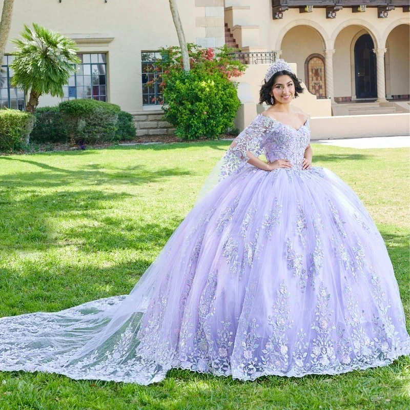 Lilac Sexy Off The Shoulder Ball Gown Quinceanera Dress Applique Lace Beads Tull With Cape Ribbons Corset Vestidos 15 De XV Años