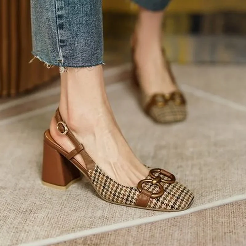 Women's Metal Decoration High Heels Summer Square Toe Pumps for Women Vintage Plaid Buckle Lady Sandals Mid Heel Female Pumps