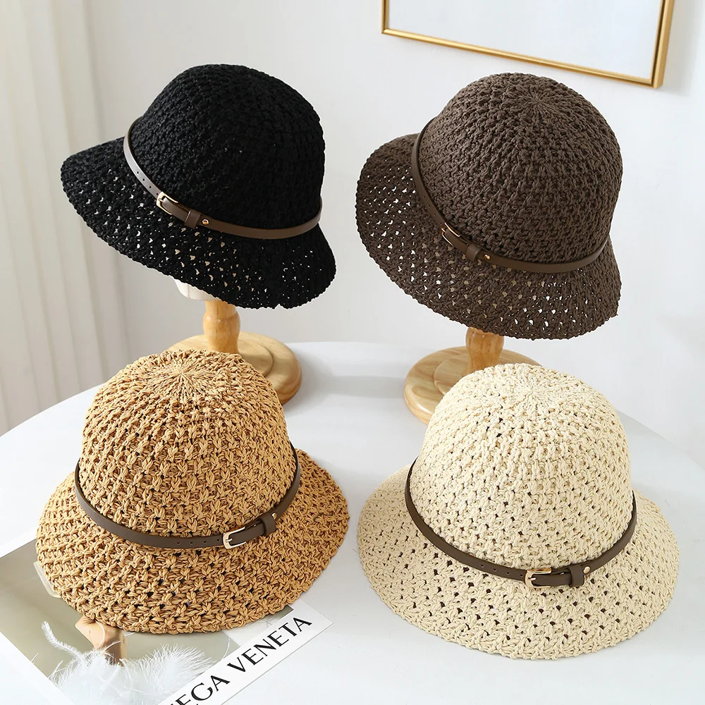 Klassischer Gestrickter Fischerhut mit Gürtelschnalle, Atmungsaktiver Sommer-Urlaubshut mit Breiter Krempe, Sonnenschutz-Kappe für Damenmode
