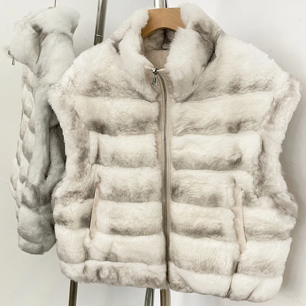 OFTBUY Neue Winter-Oberbekleidung für Damen, Wendbare Echt-Rex-Kaninchenfell-Weste mit Stehkragen, Reißverschluss und horizontalen Streifen, Pelzweste für Damen – Detail 15