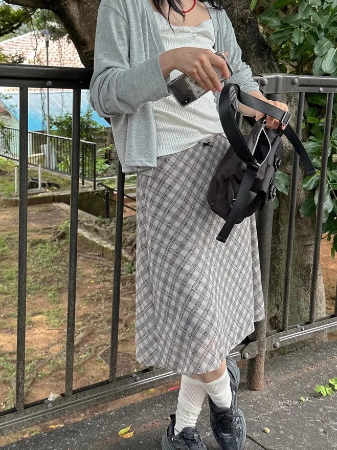 

Новинка 2023 года, летняя корейская клетчатая юбка трапециевидной формы длиной до пола, женская модная винтажная юбка-миди с высокой талией