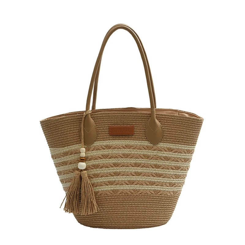 Saco tecido corda de algodão para mulheres, bolsa de ombro boêmia para senhoras bolsa de palha borla casual de praia, designer de férias, verão