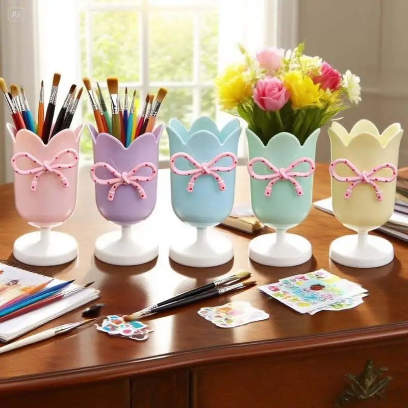Cute Style Plastic Bow Tulips Shape Pen Holder Desktop Organizer Makeup Brush Storage Bucket Storage Cup Ornament Props