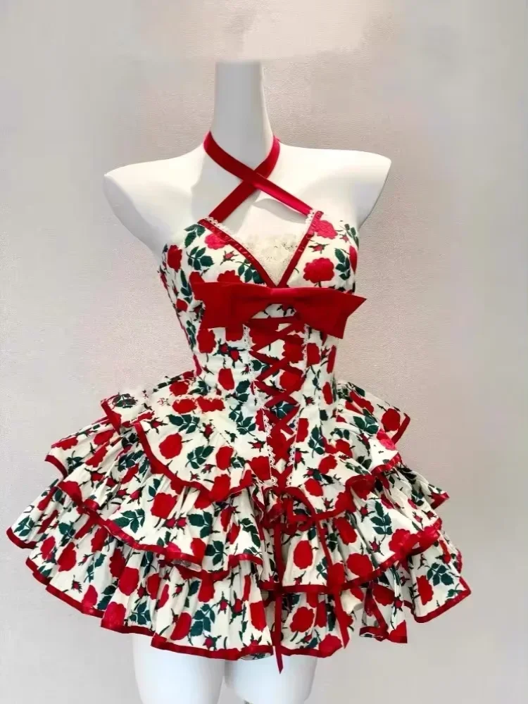 Summer Sweet Lolita Princess Dress Women Vintage Elegant Bow Flower Print Party Mini Dress Female Hot Girl Sexy Slim Strap Dress