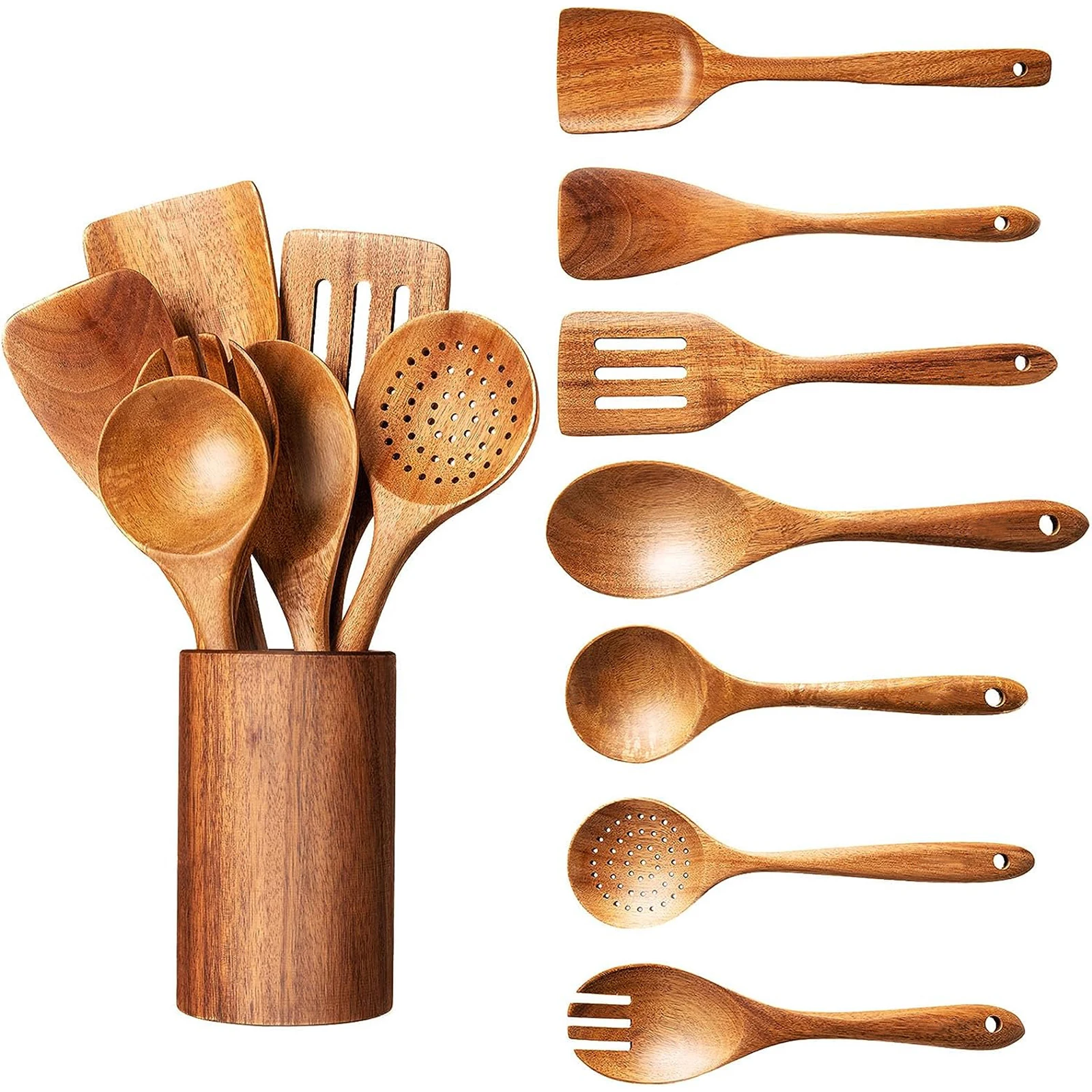 

8pcs Wooden Kitchen Utensil Set, Wooden Spoons for Cooking, Wood Utensils with Holder, Spatula Set