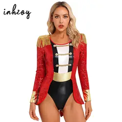 Women‘s Circus Ringmaster Costume Jumpsuit Long Sleeve Sequins Swallow-Tailed Leotard Cosplay Bodysuit Halloween Fancy Dress Up