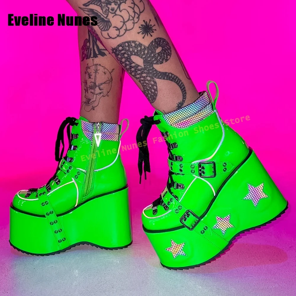 Green Spaced Out Platform Boots Round Toe Wedge Belt Buckle Lace Up Patchwork Women Cyberpunk Boots Gothic Style Y2K Shoes 2025