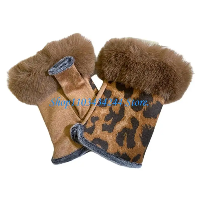  Fashion Leopard Print Warm Gloves Suedes Leather Rabbit Furs Wrist Plush Mittens