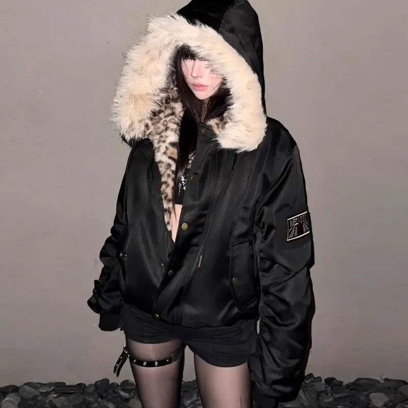 American Vintage Hooded Short Parkas Leopard Women Streetwear Faux Fur Collar Y2k Retro Coat Zipper Patchwork 2026 Winter