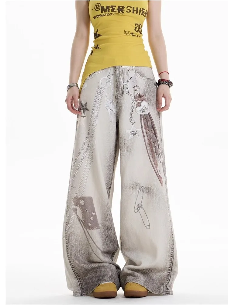 

Ретро американские джинсы с 3D цифровым принтом и цепочкой, свободные широкие брюки для мужчин и женщин, прямые брюки-трубы, модные пары