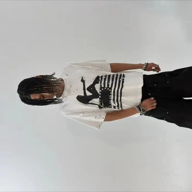 

Summer Retro Hip-hop Harajuku Oversized Cotton Round Neck T-shirt Men Y2K New High Street Fashion Casual Vintage Loose Top Women