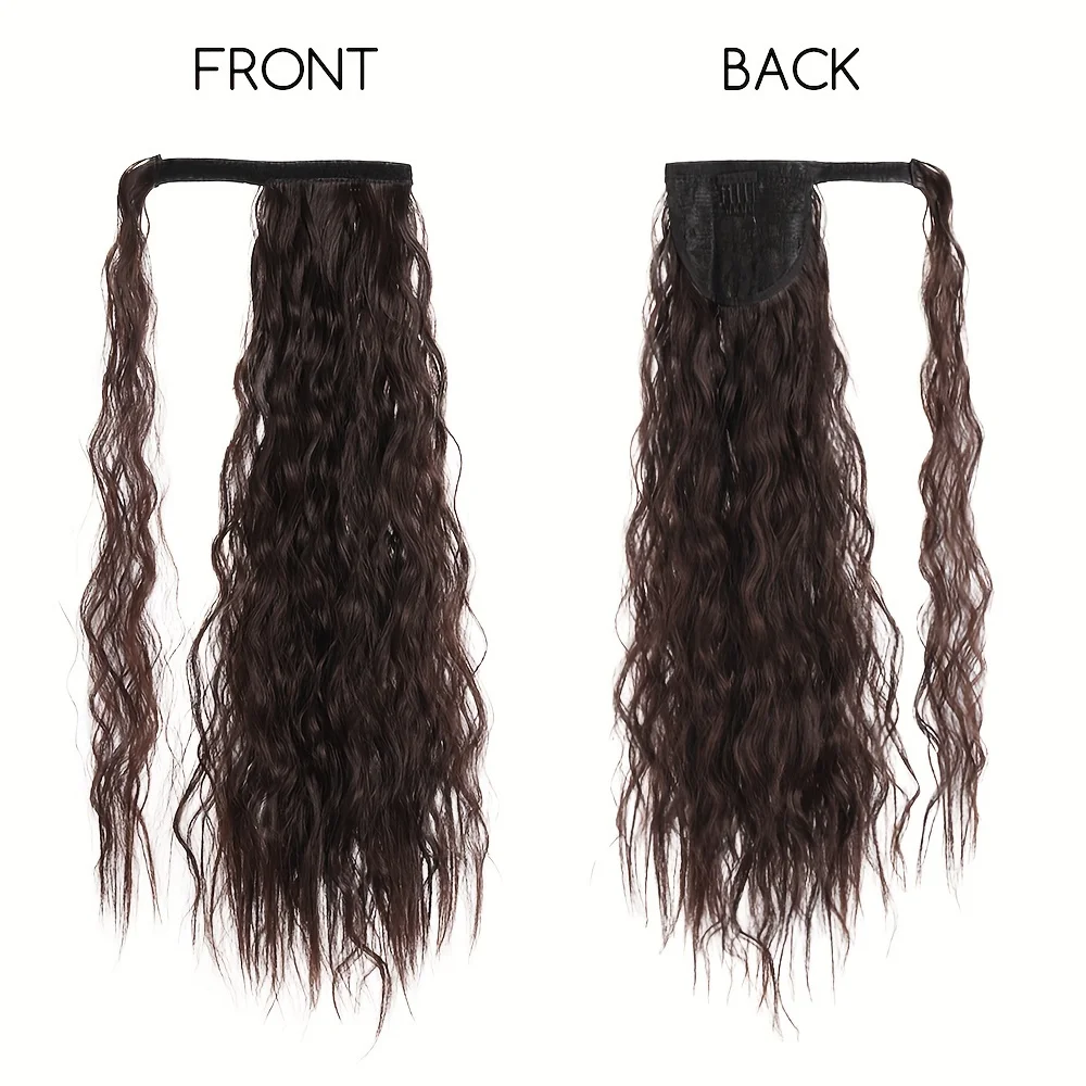 Long Corn Wave Ponytail Extension Magic Paste Heat Resistant Wavy Synthetic Wrap Around Ponytail Black Hairpiece for Women