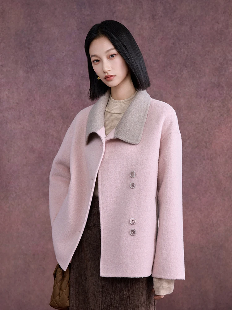 

Романтическое остраиваемое весеннее новое поступление зимы 2024, двустороннее шерстяное пальто с лацканами, мягкое розово-коричневое новое корейское свободное пальто
