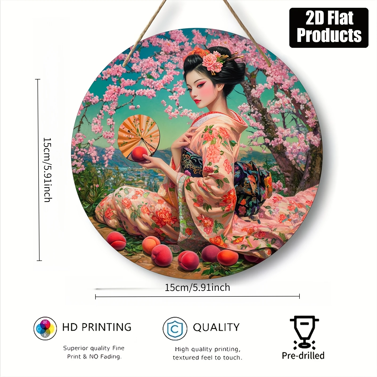 2D Flat, Pendants, Drops And Finials, Circular Wooden Board Decorative Painting Sign Plaque, Japanese Kimono Women Theme, Suitab