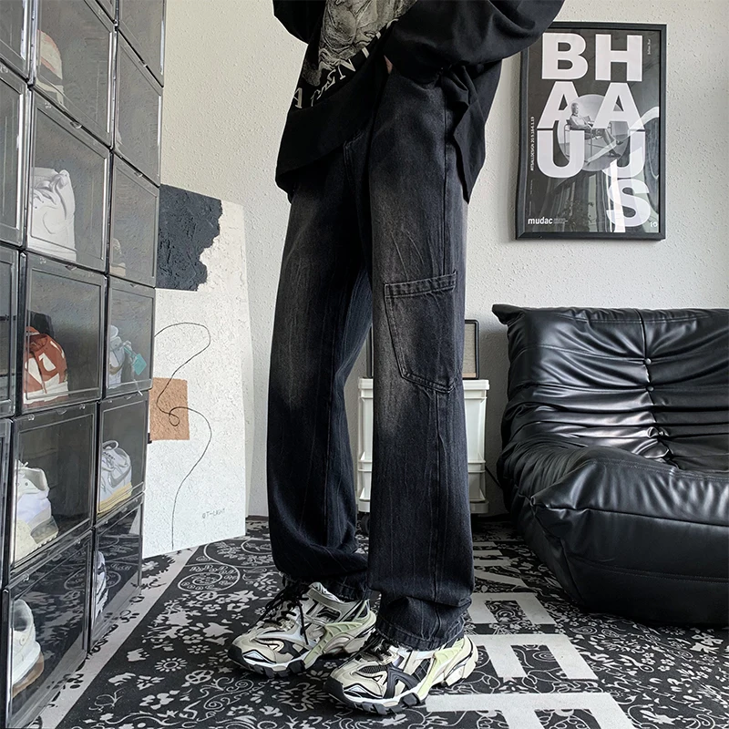 

Модные мужские джинсы с прямыми штанинами Bla Multiple kets Street Sle с высокой талией и молнией, повседневные длинные брюки свободного покроя