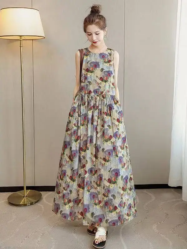 Sweet Floral Print Vest Dr Women's A-Line  Dr Retro Sle Summer New Arrival Korean Version Youthful Reduction