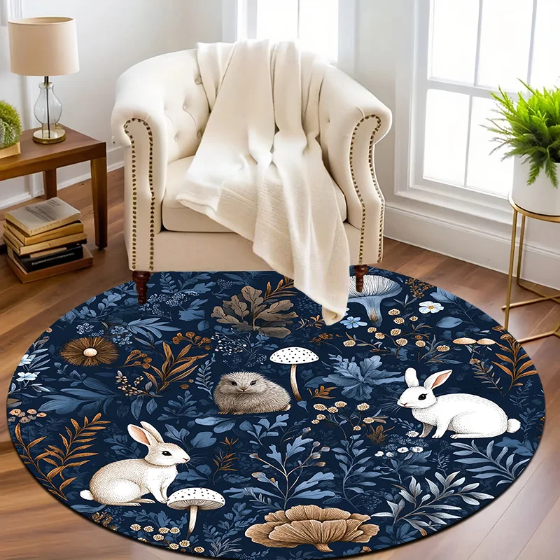 1pc Dark Floral Round Mat - Non-Slip Machine Washable Mat with Rabbits, Mushrooms, Bunny  Mushroom Design in Navy, Brown
